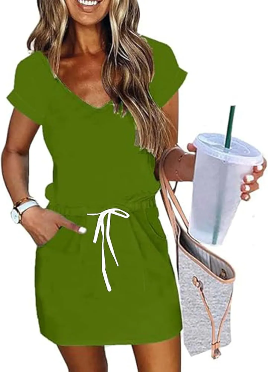 XOWRTE Women's Summer Tie Dresses 2025 Beach Casual Deep V Neck Loose Sundress Ruffle Sleeve Mini Dress A-Line Tunic Dress