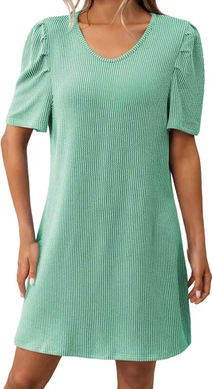 XOWRTE Womens Summer V Neck Contrasting Striped Bubble Sleeve Tunic Mini Dress 2025 Casual Solid Color Beach Babydoll Dress