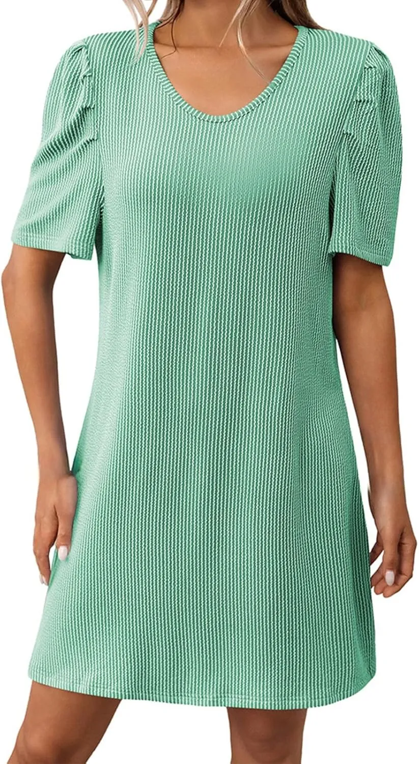 XOWRTE Womens Summer V Neck Contrasting Striped Bubble Sleeve Tunic Mini Dress 2025 Casual Solid Color Beach Babydoll Dress