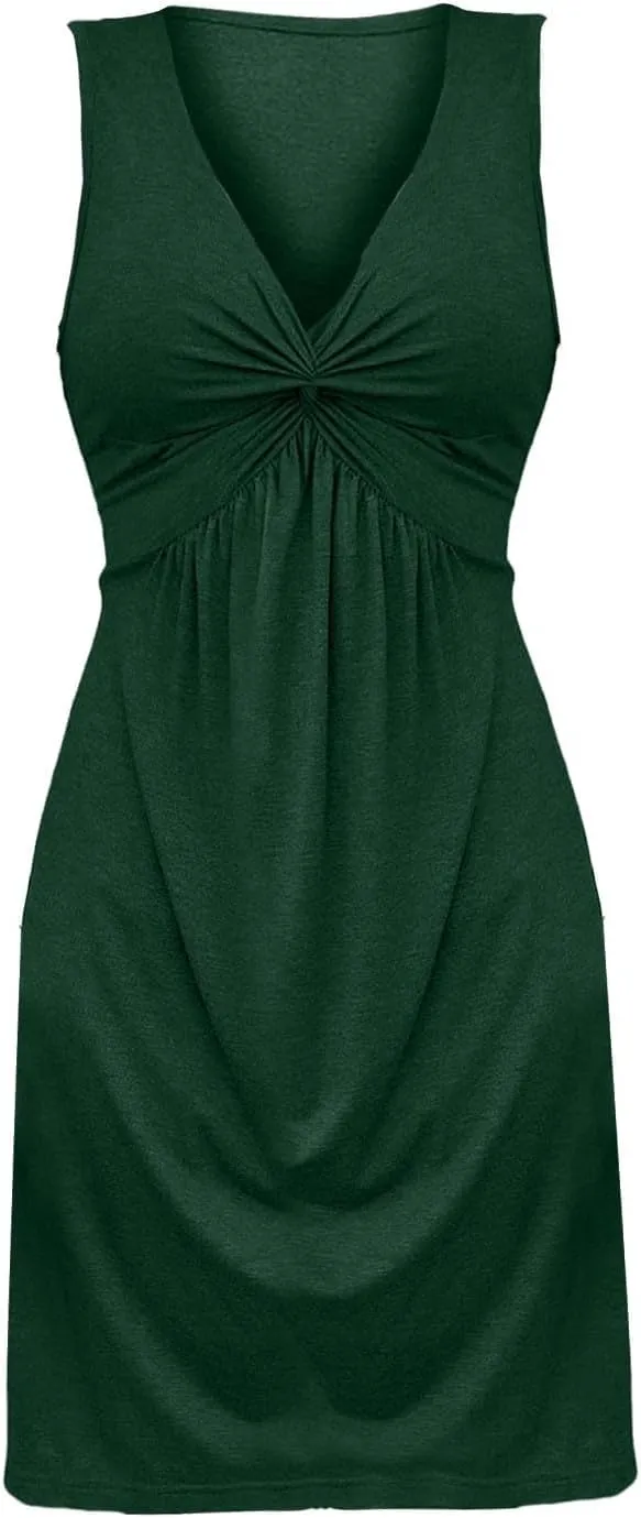 XOWRTE Women's V Neck Front Knotted Sleeveless Tank Dress Casual Summer A Line Sundress Beach Party Tunic Bodycon Dresses