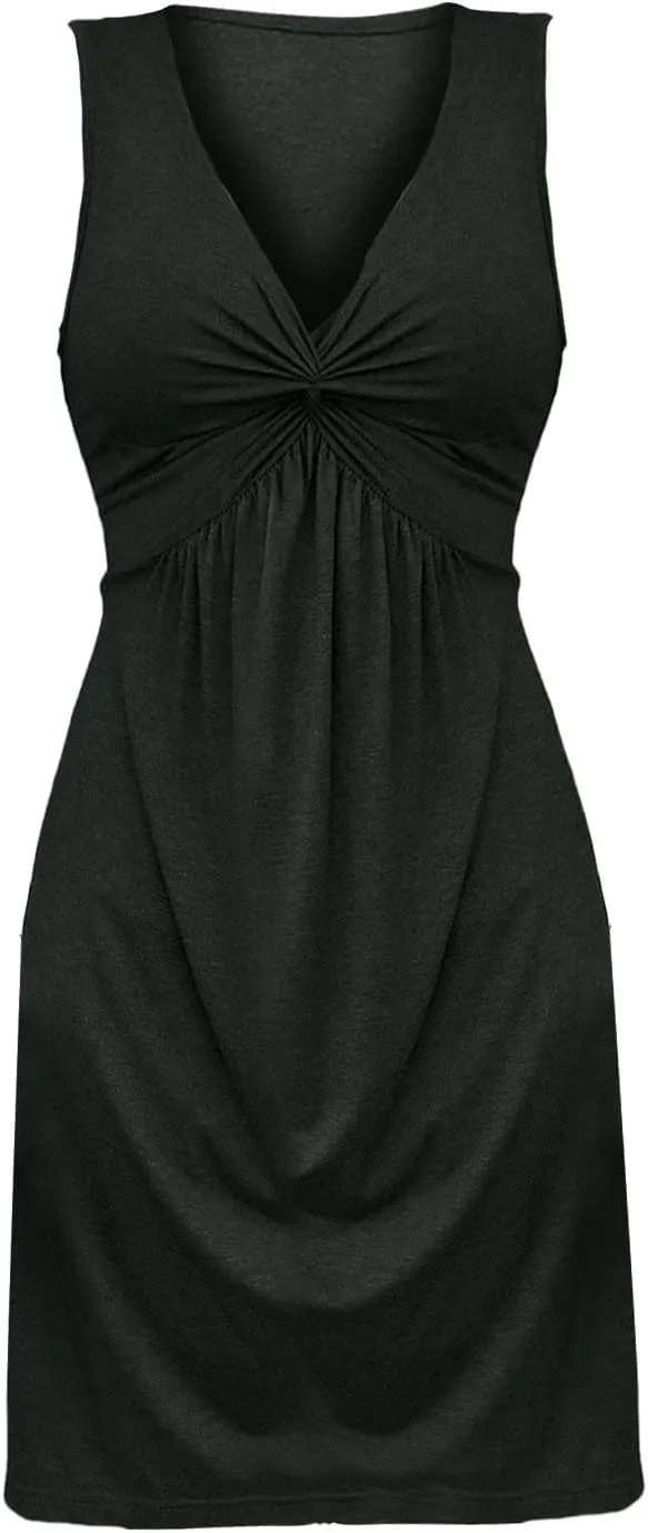 XOWRTE Women's V Neck Front Knotted Sleeveless Tank Dress Casual Summer A Line Sundress Beach Party Tunic Bodycon Dresses
