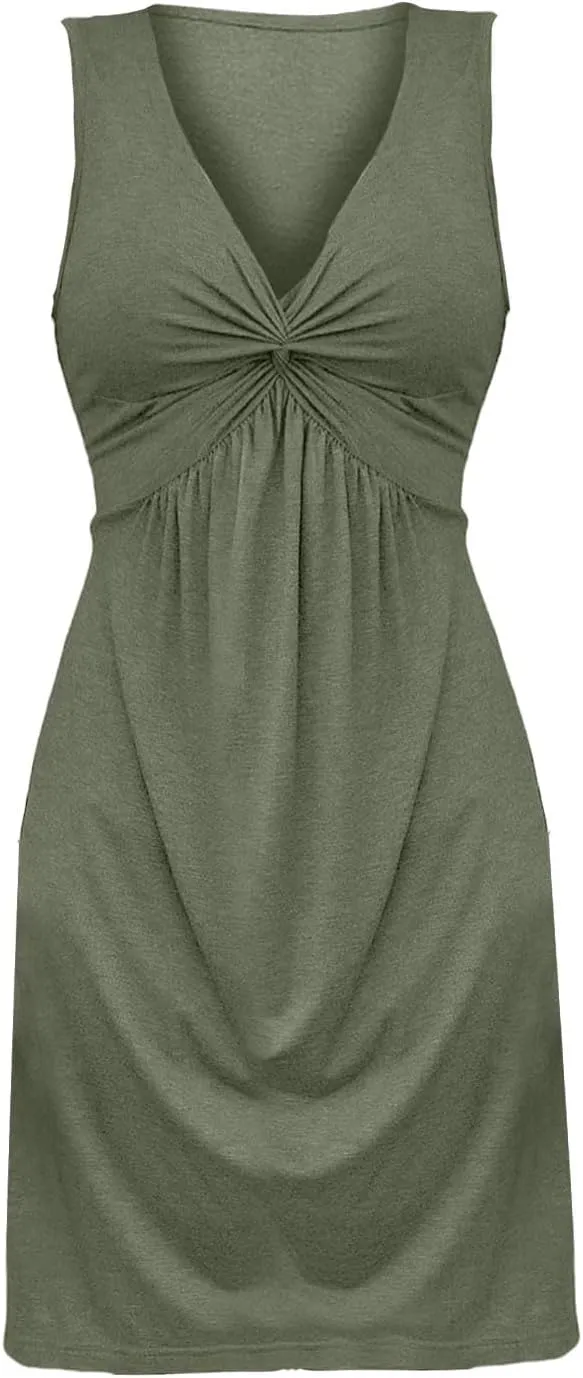 XOWRTE Women's V Neck Front Knotted Sleeveless Tank Dress Casual Summer A Line Sundress Beach Party Tunic Bodycon Dresses