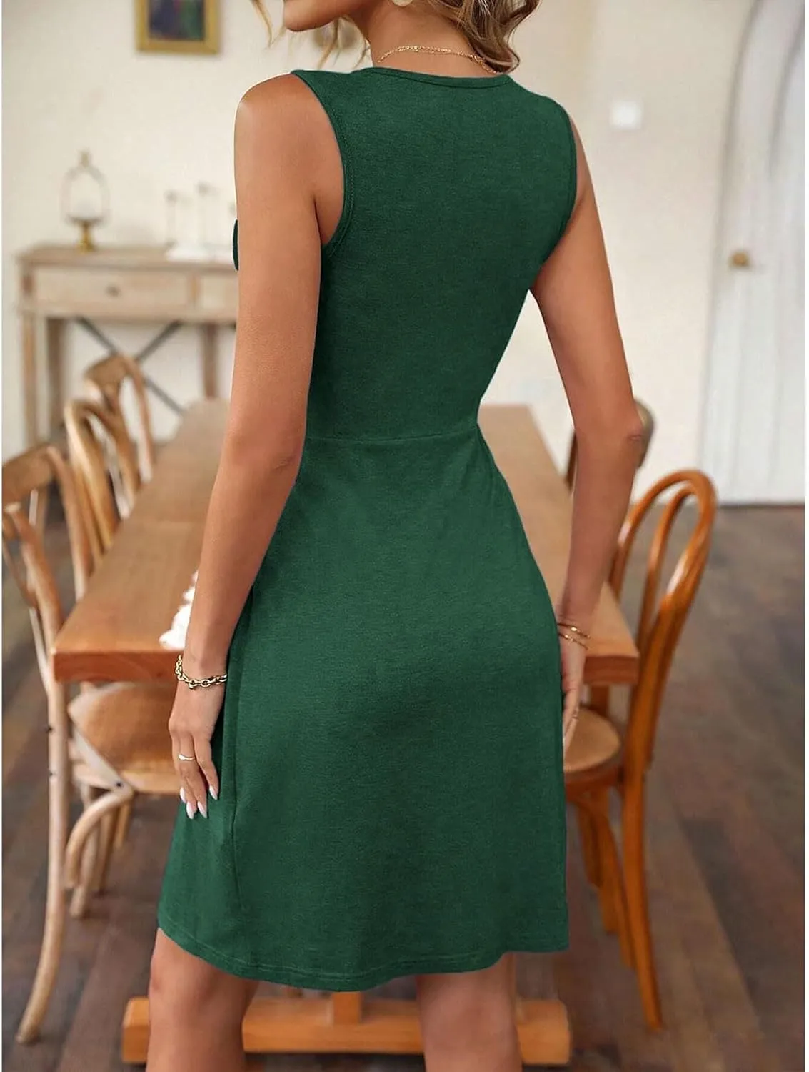 XOWRTE Women's V Neck Front Knotted Sleeveless Tank Dress Casual Summer A Line Sundress Beach Party Tunic Bodycon Dresses