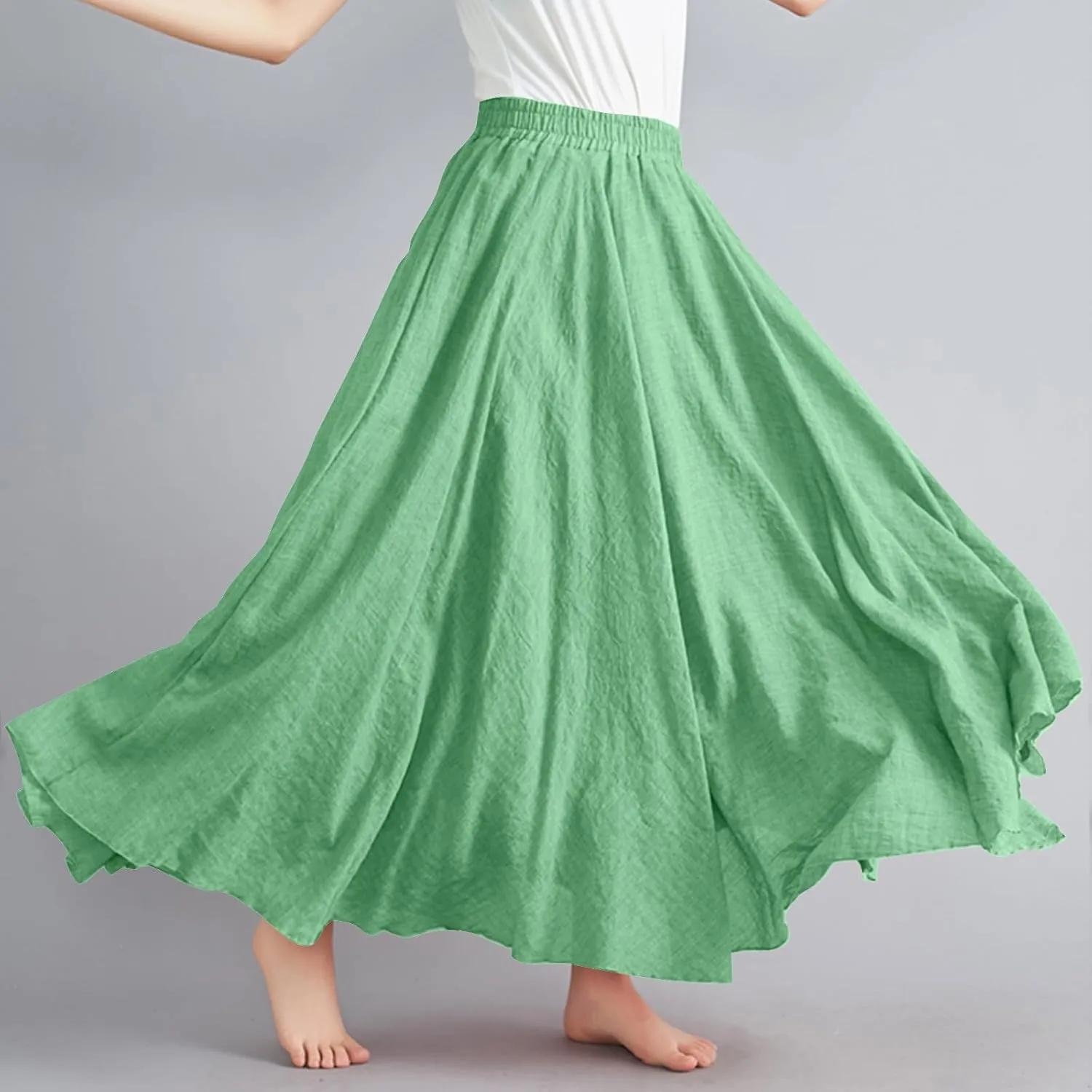 XUNRYAN Linen Maxi Skirt Womens Summer Bohemian Long Skirt Cotton Elastic High Waisted Flowy Pleated Skirts Vacation Outfit