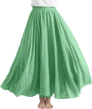 XUNRYAN Linen Maxi Skirt Womens Summer Bohemian Long Skirt Cotton Elastic High Waisted Flowy Pleated Skirts Vacation Outfit