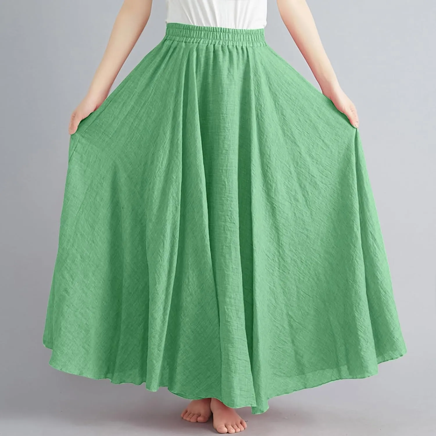 XUNRYAN Linen Maxi Skirt Womens Summer Bohemian Long Skirt Cotton Elastic High Waisted Flowy Pleated Skirts Vacation Outfit