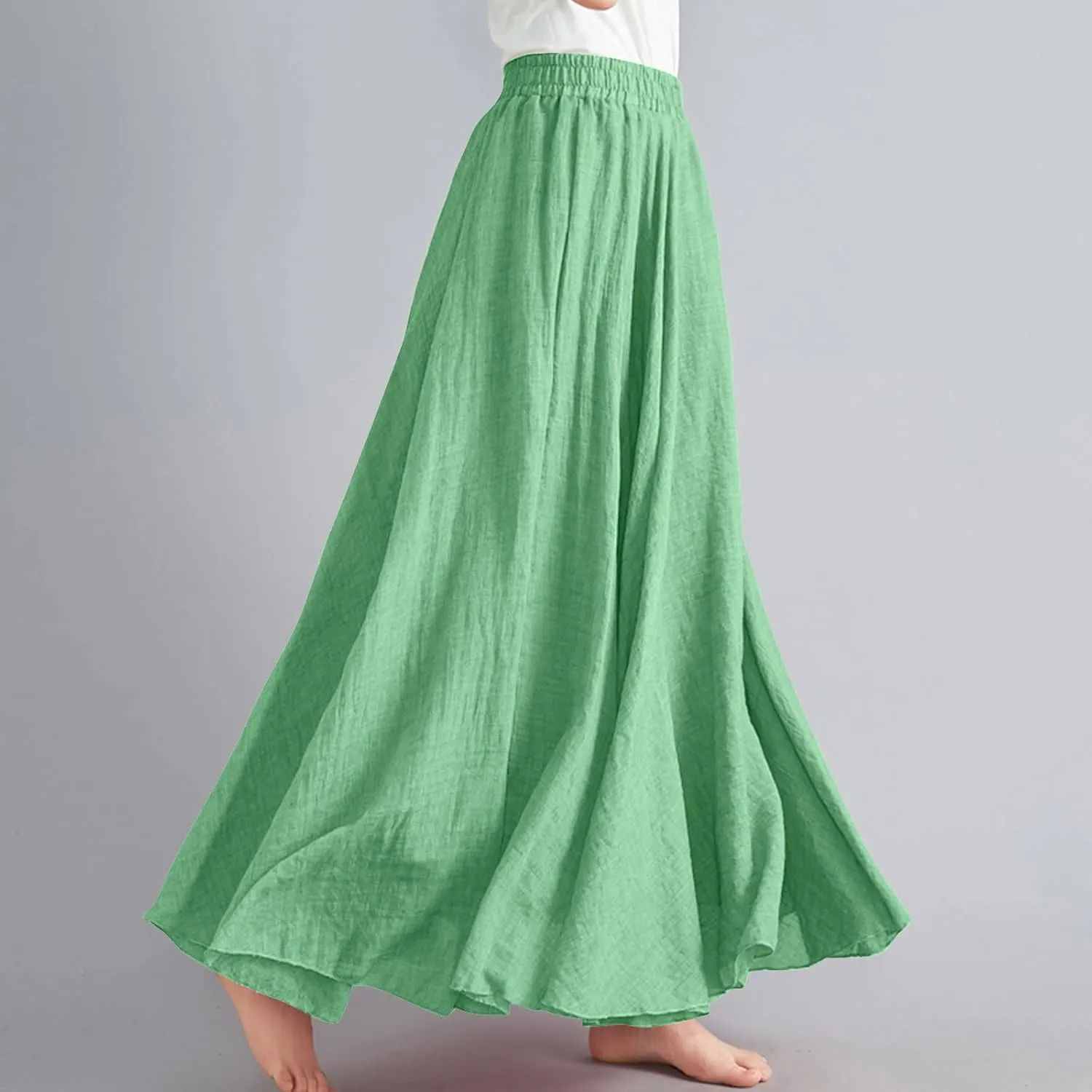 XUNRYAN Linen Maxi Skirt Womens Summer Bohemian Long Skirt Cotton Elastic High Waisted Flowy Pleated Skirts Vacation Outfit