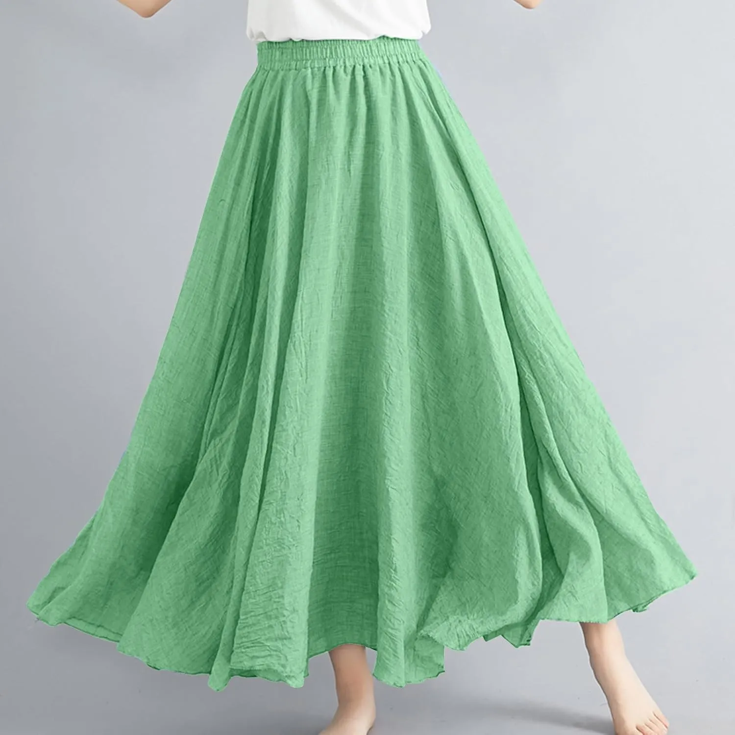 XUNRYAN Linen Maxi Skirt Womens Summer Bohemian Long Skirt Cotton Elastic High Waisted Flowy Pleated Skirts Vacation Outfit