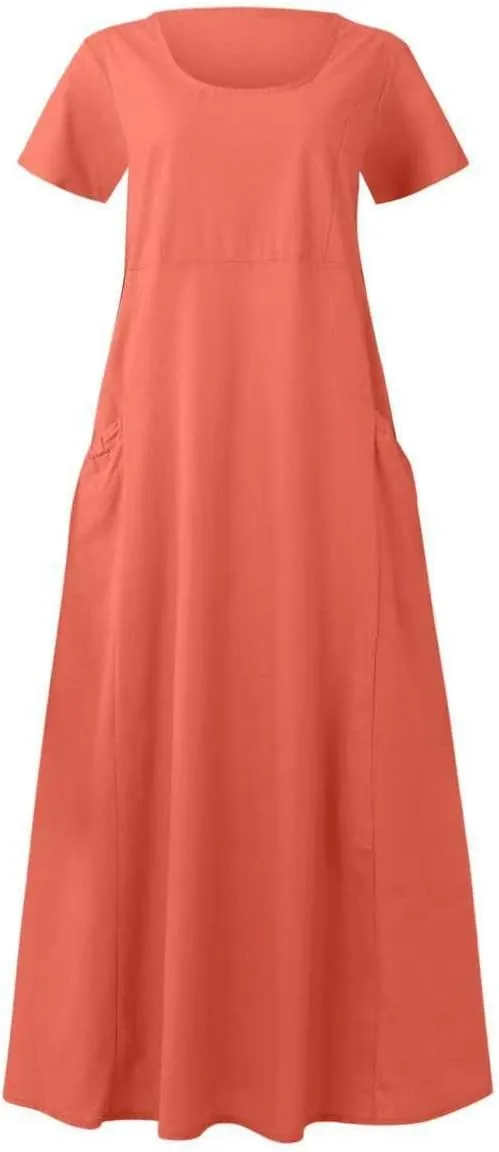 XUNRYAN Summer Dresses for Women 2025 Vacation Trendy Short Sleeve Crewneck Cotton Linen Dress Flowy Beach Sundress w Pockets