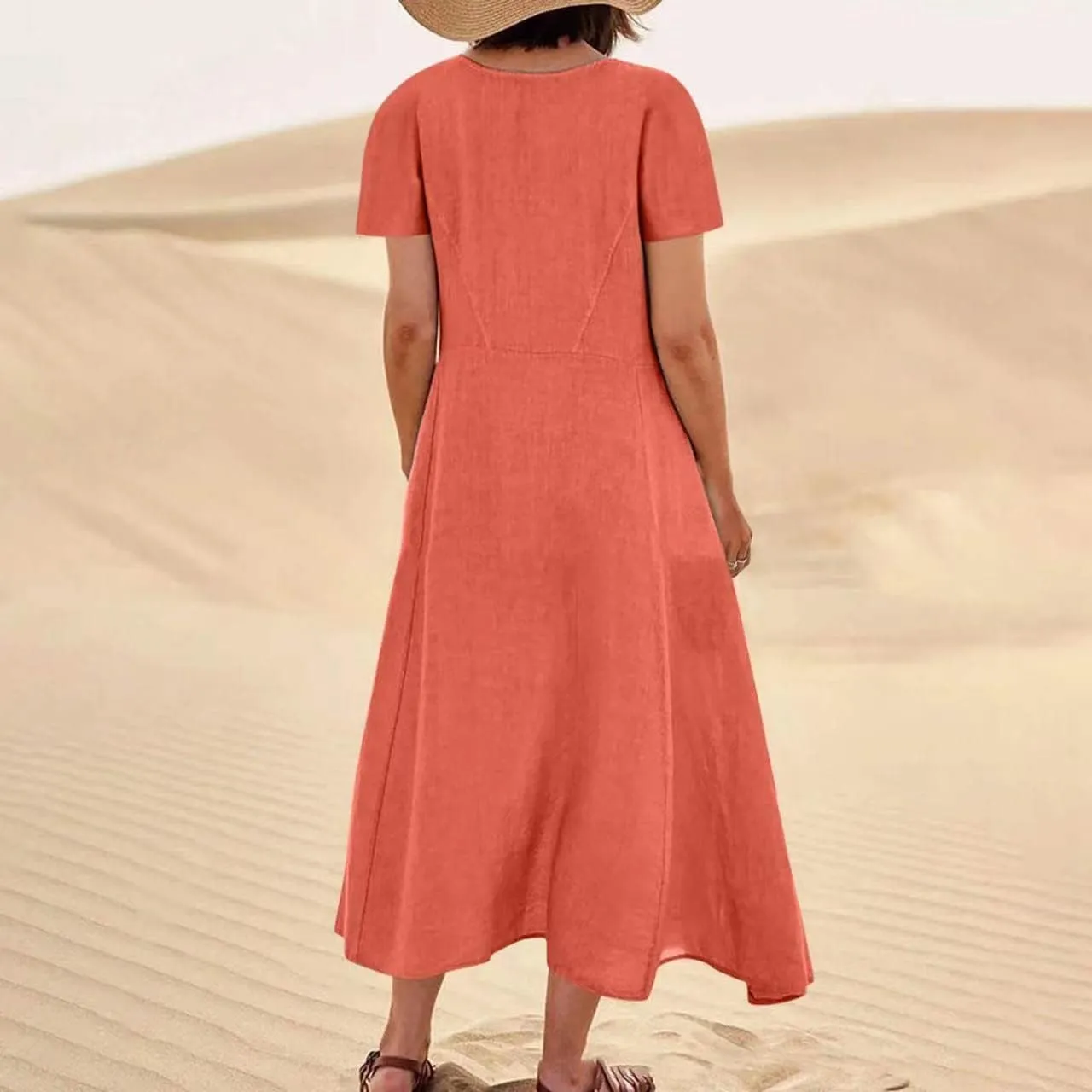 XUNRYAN Summer Dresses for Women 2025 Vacation Trendy Short Sleeve Crewneck Cotton Linen Dress Flowy Beach Sundress w Pockets