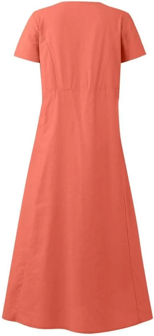 XUNRYAN Summer Dresses for Women 2025 Vacation Trendy Short Sleeve Crewneck Cotton Linen Dress Flowy Beach Sundress w Pockets