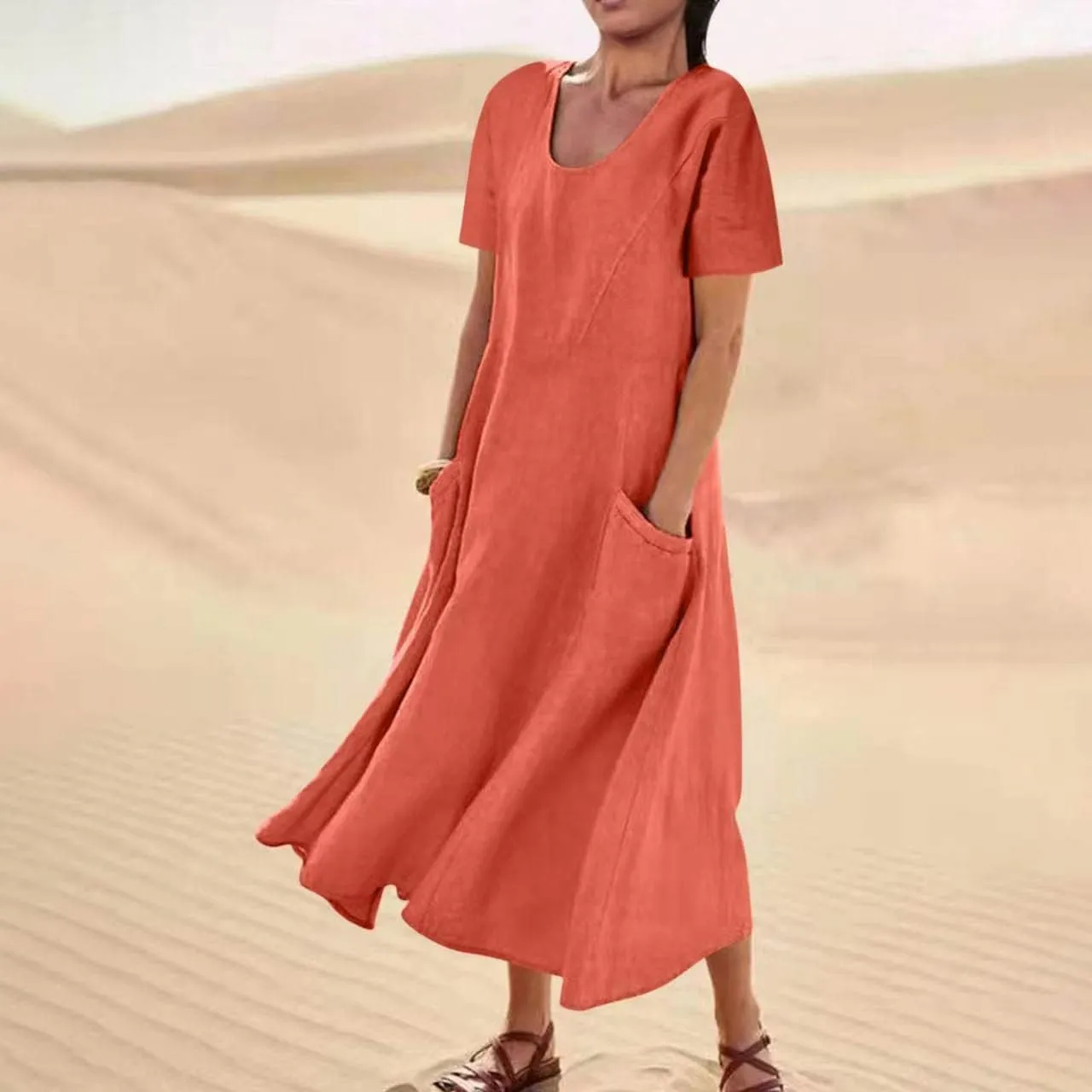 XUNRYAN Summer Dresses for Women 2025 Vacation Trendy Short Sleeve Crewneck Cotton Linen Dress Flowy Beach Sundress w Pockets