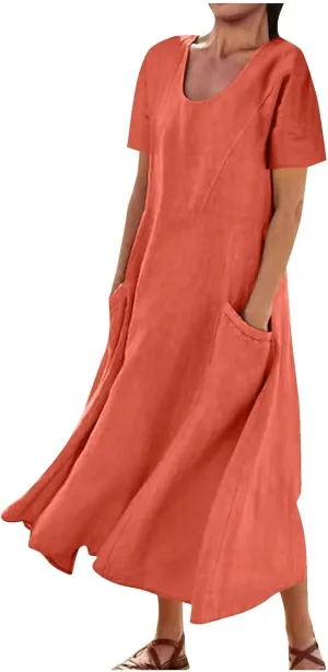 XUNRYAN Summer Dresses for Women 2025 Vacation Trendy Short Sleeve Crewneck Cotton Linen Dress Flowy Beach Sundress w Pockets