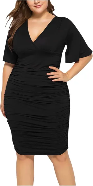 XUNRYAN Women's Wedding Guests Dress Plus Size Bodycon Sexy V Neck Short Sleeve Ruched Cocktail Formal Pencil Midi Dresses