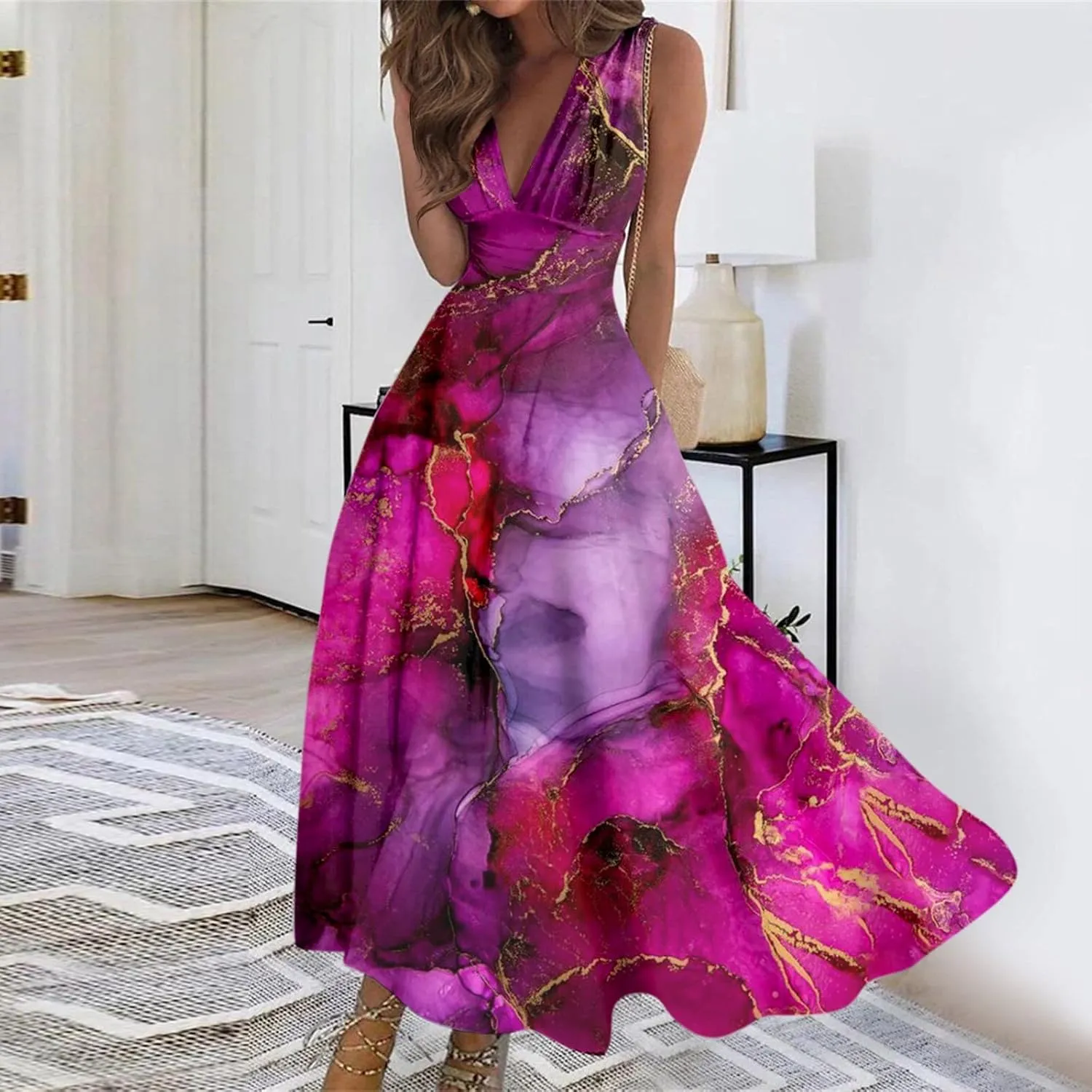 Yesunpxs Summer Dresses for Women 2024 Wrap V Neck Flowy Ruched Maxi Dress Sleeveless Printed Beach Dresses Boho Sundresses
