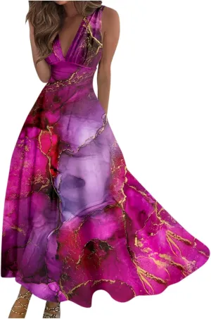 Yesunpxs Summer Dresses for Women 2024 Wrap V Neck Flowy Ruched Maxi Dress Sleeveless Printed Beach Dresses Boho Sundresses