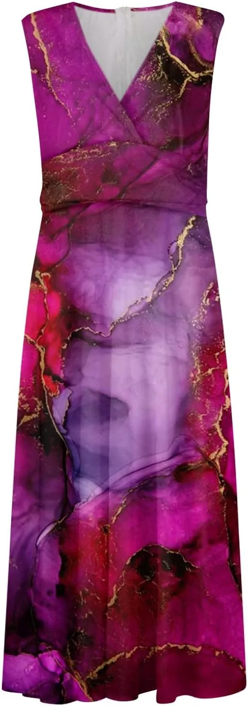 Yesunpxs Summer Dresses for Women 2024 Wrap V Neck Flowy Ruched Maxi Dress Sleeveless Printed Beach Dresses Boho Sundresses
