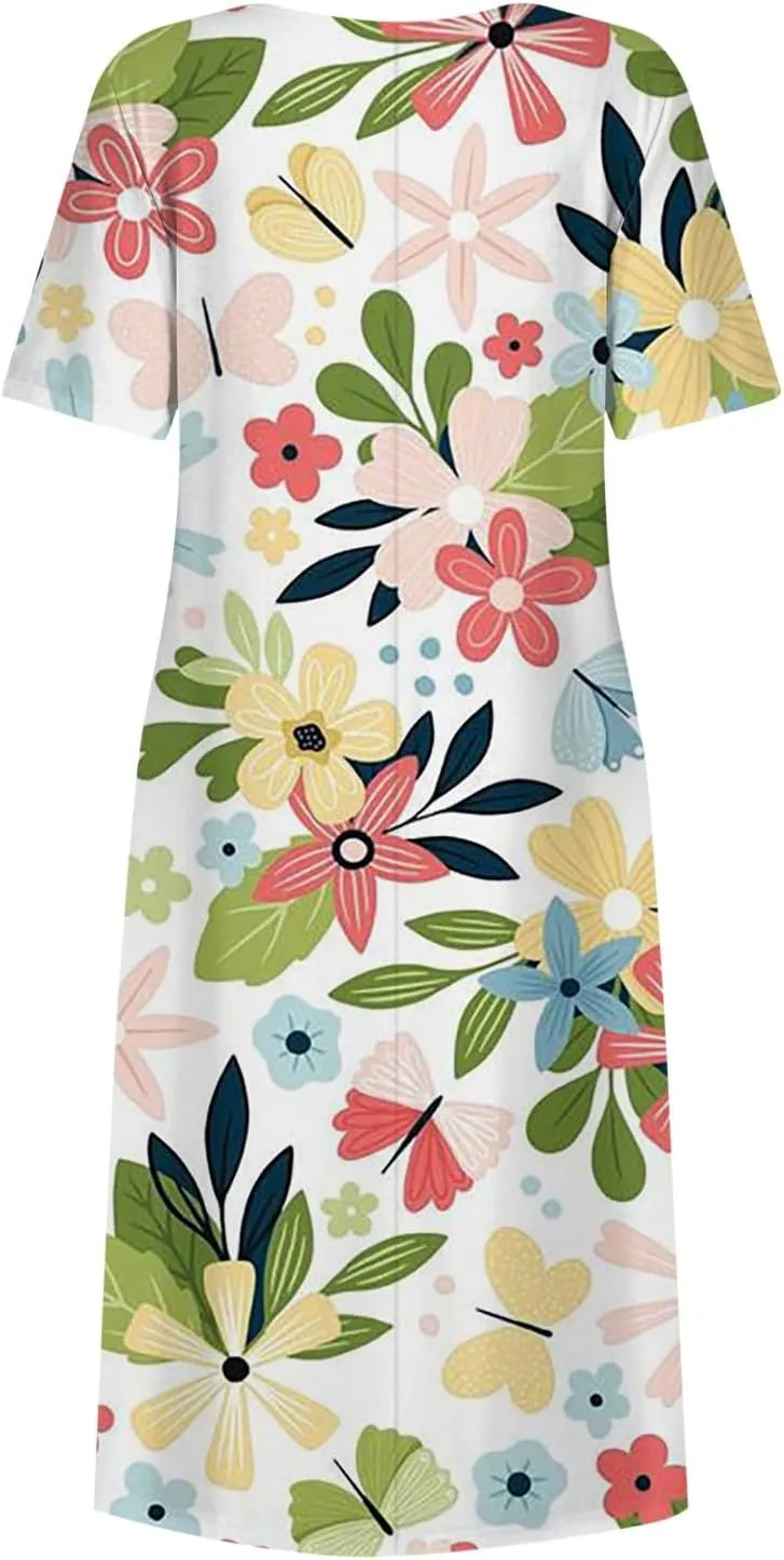 Yesunpxs Summer Dresses for Women Floral Print Loose Maxi Dress Casual Short Sleeves Sundresses Round Neck Beach Dress with