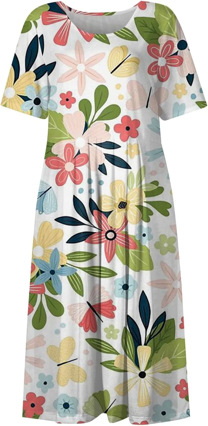 Yesunpxs Summer Dresses for Women Floral Print Loose Maxi Dress Casual Short Sleeves Sundresses Round Neck Beach Dress with