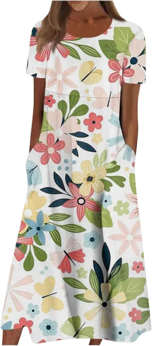 Yesunpxs Summer Dresses for Women Floral Print Loose Maxi Dress Casual Short Sleeves Sundresses Round Neck Beach Dress with