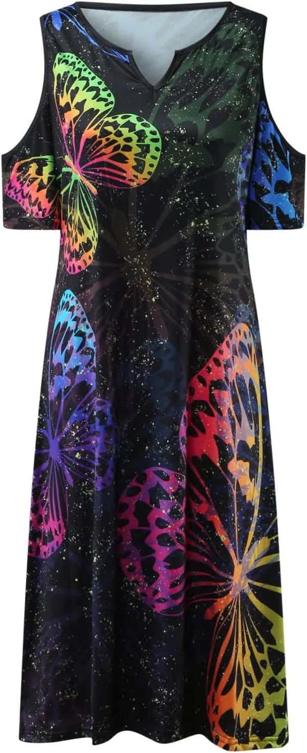 YOMXL Midi Dress for Women, Mexican Ethnic Style Embroidered Tunic Dresses Vintage Off Shoulder V-Neck Beach Dress