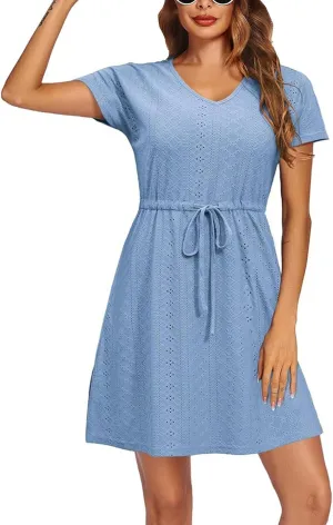ZYXTIM Eyelet Dresses for Women 2025 Short Sleeve V Neck Hollow Out Lace Ruffle Casual Beach Vacation Summer Party Dress