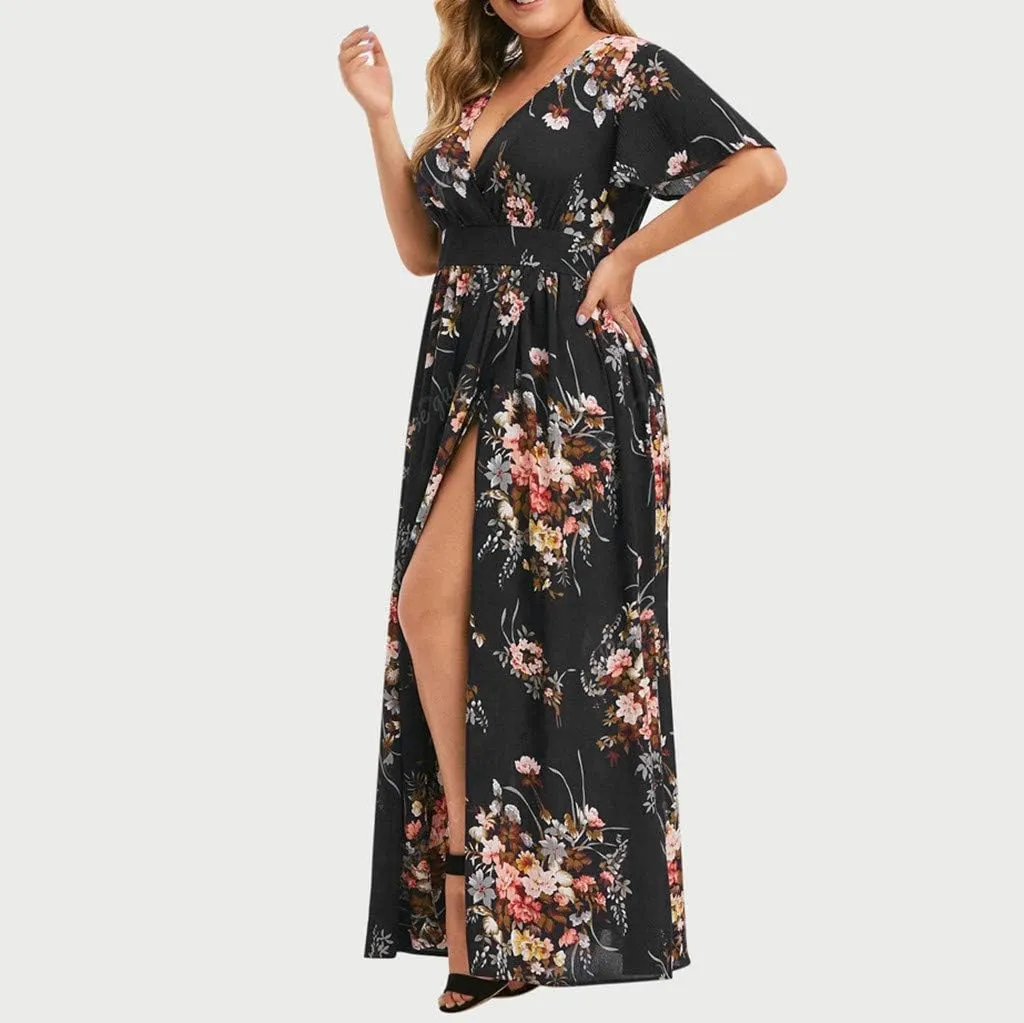 ZYXTIM Oversize Floral Casual Dress for Women Plus Size Deep V Neck High Split Maxi Dresses Wedding Guest Vacation Outfits