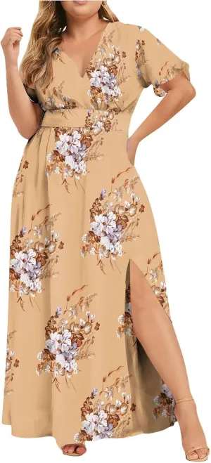ZYXTIM Oversize Floral Casual Dress for Women Plus Size Deep V Neck High Split Maxi Dresses Wedding Guest Vacation Outfits