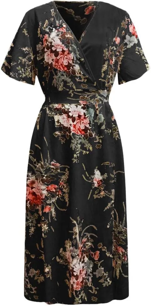 ZYXTIM Oversize Floral Casual Dress for Women Plus Size Deep V Neck High Split Maxi Dresses Wedding Guest Vacation Outfits