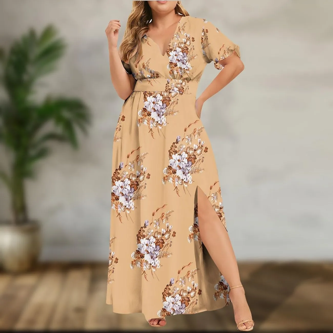 ZYXTIM Oversize Floral Casual Dress for Women Plus Size Deep V Neck High Split Maxi Dresses Wedding Guest Vacation Outfits