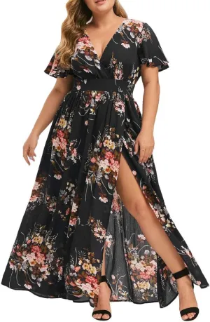 ZYXTIM Oversize Floral Casual Dress for Women Plus Size Deep V Neck High Split Maxi Dresses Wedding Guest Vacation Outfits