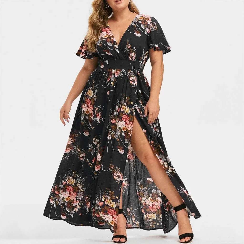 ZYXTIM Oversize Floral Casual Dress for Women Plus Size Deep V Neck High Split Maxi Dresses Wedding Guest Vacation Outfits