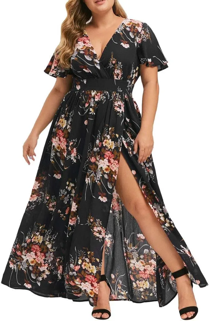 ZYXTIM Oversize Floral Casual Dress for Women Plus Size Deep V Neck High Split Maxi Dresses Wedding Guest Vacation Outfits