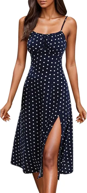 ZYXTIM Spaghetti Strap Dress for Women 2025 Summer Split Thigh Midi Floral Dresses High Waist Slim Vacation Beach Sexy Dress