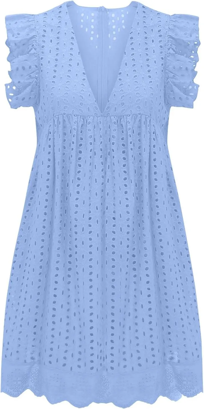 ZYXTIM Summer Dresses for Women 2024 Ruffle Sleeve V-Neck Zipper Back Hollow Out Loose A-Line Cocktail Beach Party Sundress