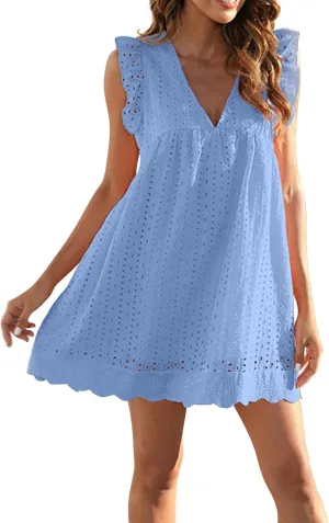 ZYXTIM Summer Dresses for Women 2024 Ruffle Sleeve V-Neck Zipper Back Hollow Out Loose A-Line Cocktail Beach Party Sundress