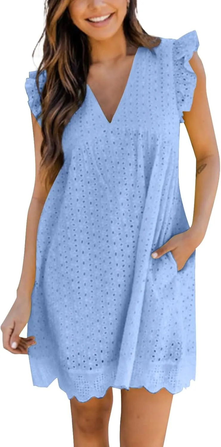 ZYXTIM Summer Dresses for Women 2024 Ruffle Sleeve V-Neck Zipper Back Hollow Out Loose A-Line Cocktail Beach Party Sundress