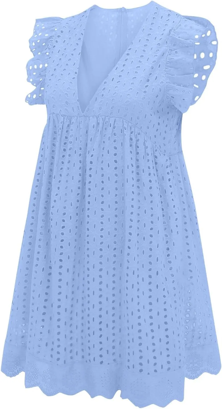 ZYXTIM Summer Dresses for Women 2024 Ruffle Sleeve V-Neck Zipper Back Hollow Out Loose A-Line Cocktail Beach Party Sundress