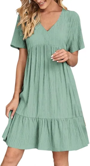 ZYXTIM Summer Dresses for Women 2025 V Neck Short Sleeve Casual Loose Flowy Swing Dress Plus Size Plain Boho Beach Sundress