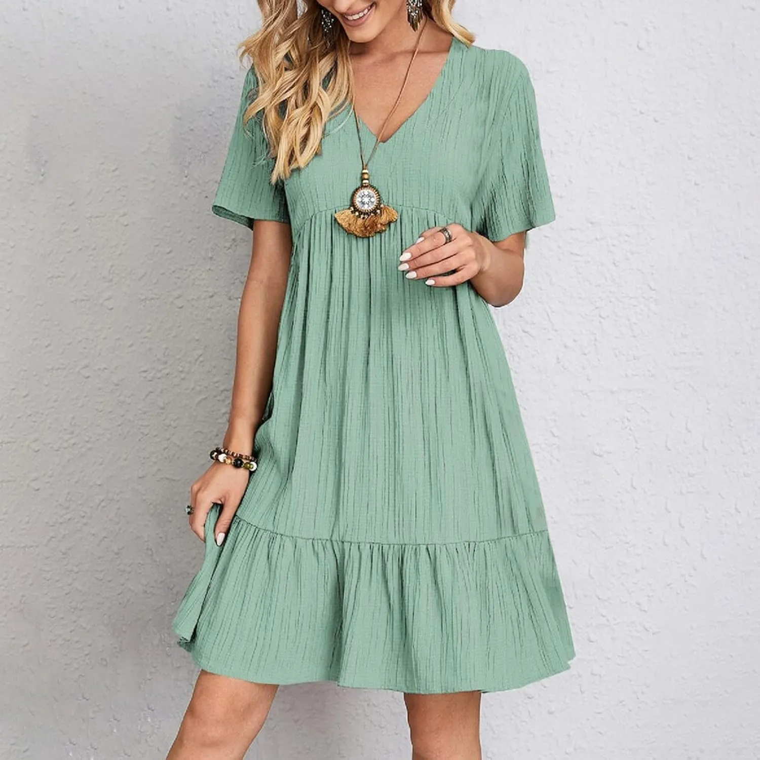 ZYXTIM Summer Dresses for Women 2025 V Neck Short Sleeve Casual Loose Flowy Swing Dress Plus Size Plain Boho Beach Sundress