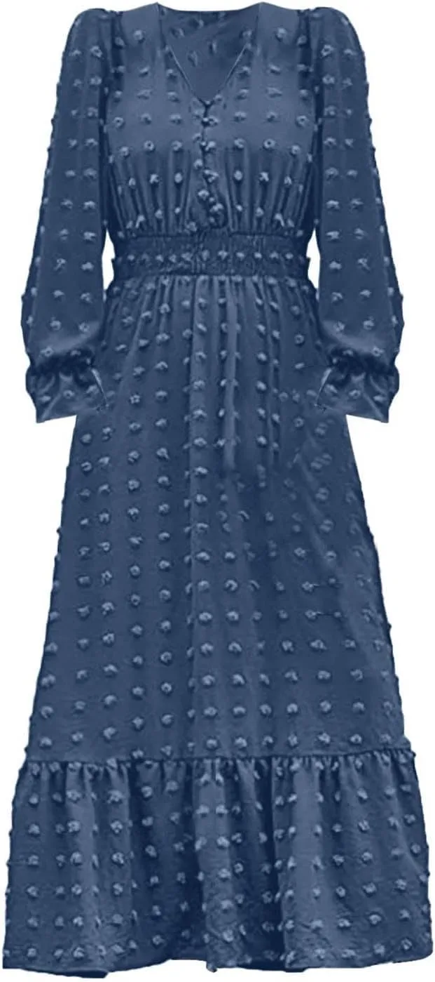 ZYXTIM Women Boho Maxi Dress 2024 Long Sleeve V Neck Jacquard Swiss Dot Smocked High Waisted A-Line Ruffle Tiered Long Dress