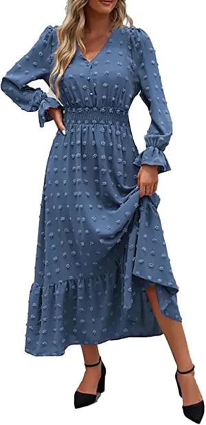 ZYXTIM Women Boho Maxi Dress 2024 Long Sleeve V Neck Jacquard Swiss Dot Smocked High Waisted A-Line Ruffle Tiered Long Dress