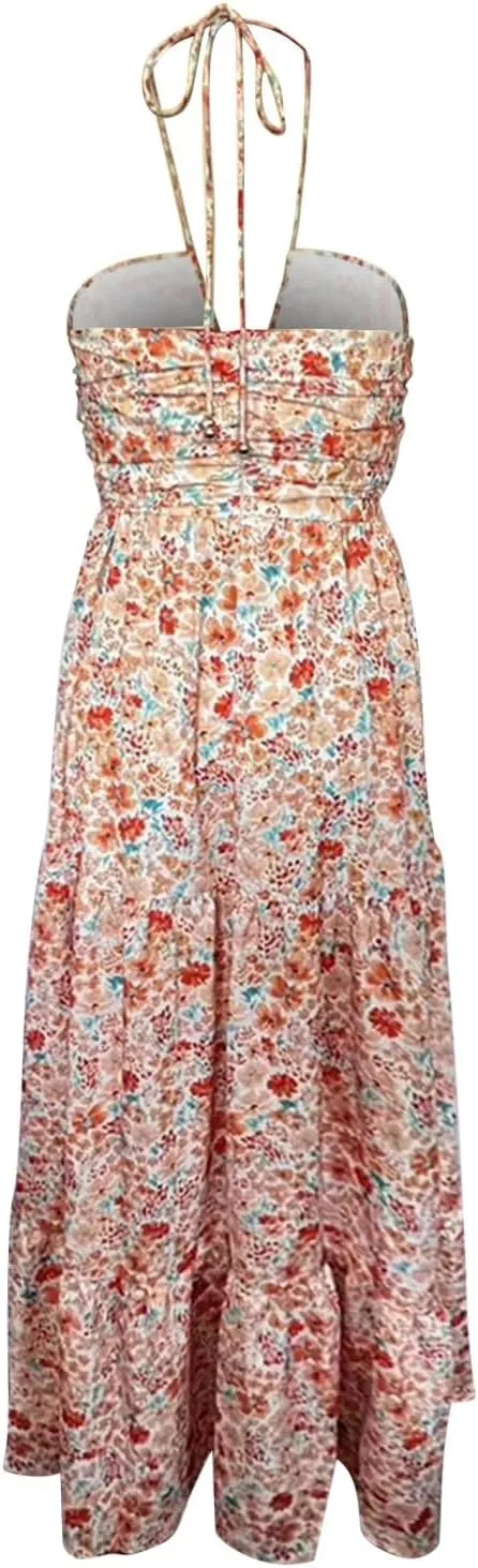 ZYXTIM Women's 2024 Summer Halter Smocked Midi Dress V Neck Ruffle Tiered Swing Flowy Beach Sundress Boho Long Floral Dress