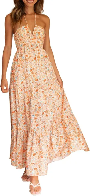 ZYXTIM Women's 2024 Summer Halter Smocked Midi Dress V Neck Ruffle Tiered Swing Flowy Beach Sundress Boho Long Floral Dress