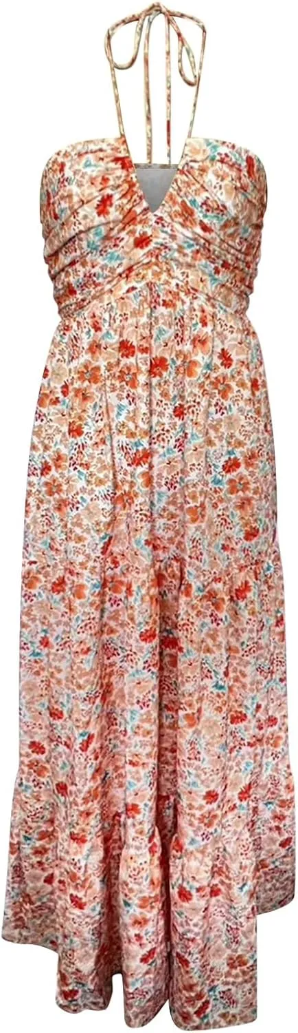 ZYXTIM Women's 2024 Summer Halter Smocked Midi Dress V Neck Ruffle Tiered Swing Flowy Beach Sundress Boho Long Floral Dress