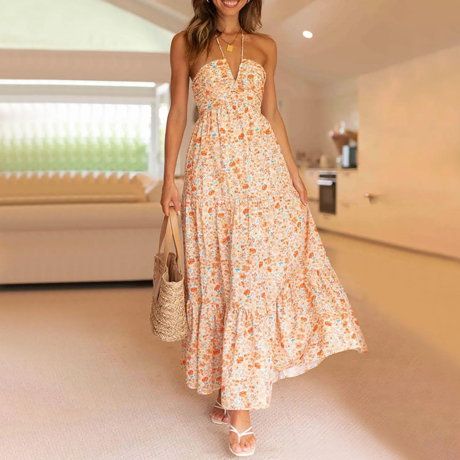 ZYXTIM Women's 2024 Summer Halter Smocked Midi Dress V Neck Ruffle Tiered Swing Flowy Beach Sundress Boho Long Floral Dress
