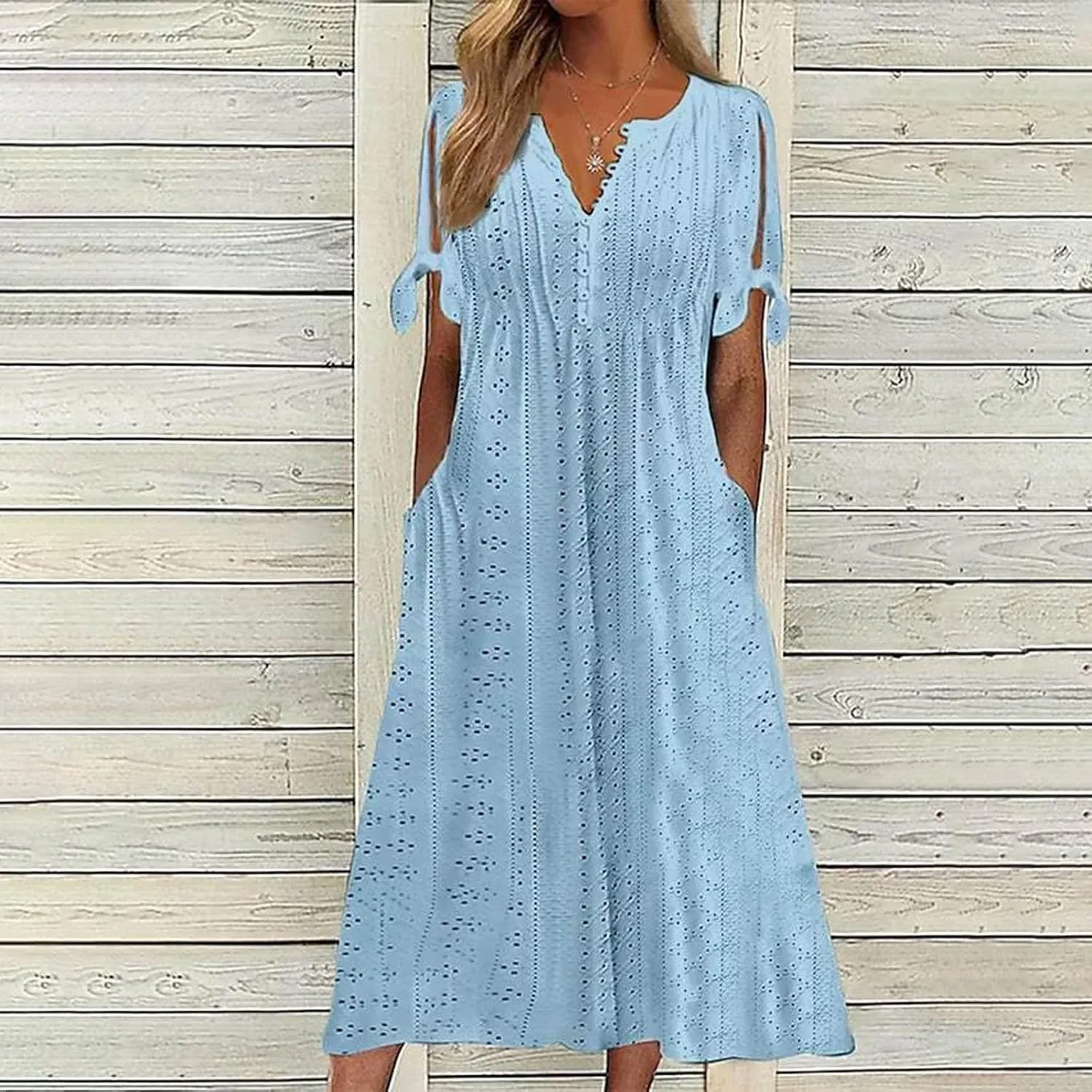 ZYXTIM Womens Eyelet Dress V Neck Short Sleeve Hollow Out Summer Beach Vacation Dresses Swing A Line Vintage Long Dresses