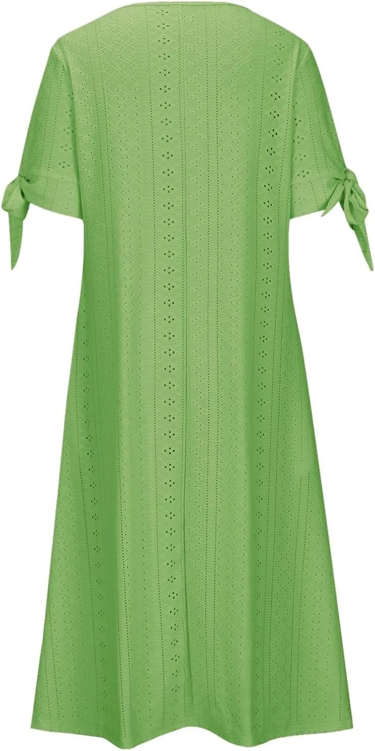 ZYXTIM Womens Eyelet Dress V Neck Short Sleeve Hollow Out Summer Beach Vacation Dresses Swing A Line Vintage Long Dresses