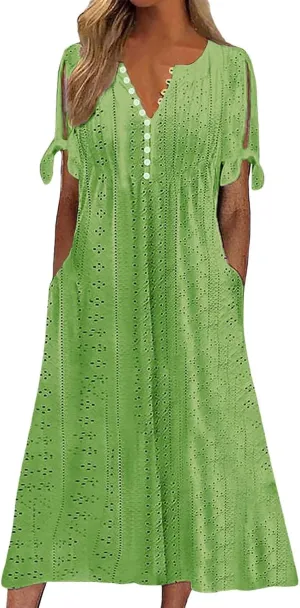 ZYXTIM Womens Eyelet Dress V Neck Short Sleeve Hollow Out Summer Beach Vacation Dresses Swing A Line Vintage Long Dresses