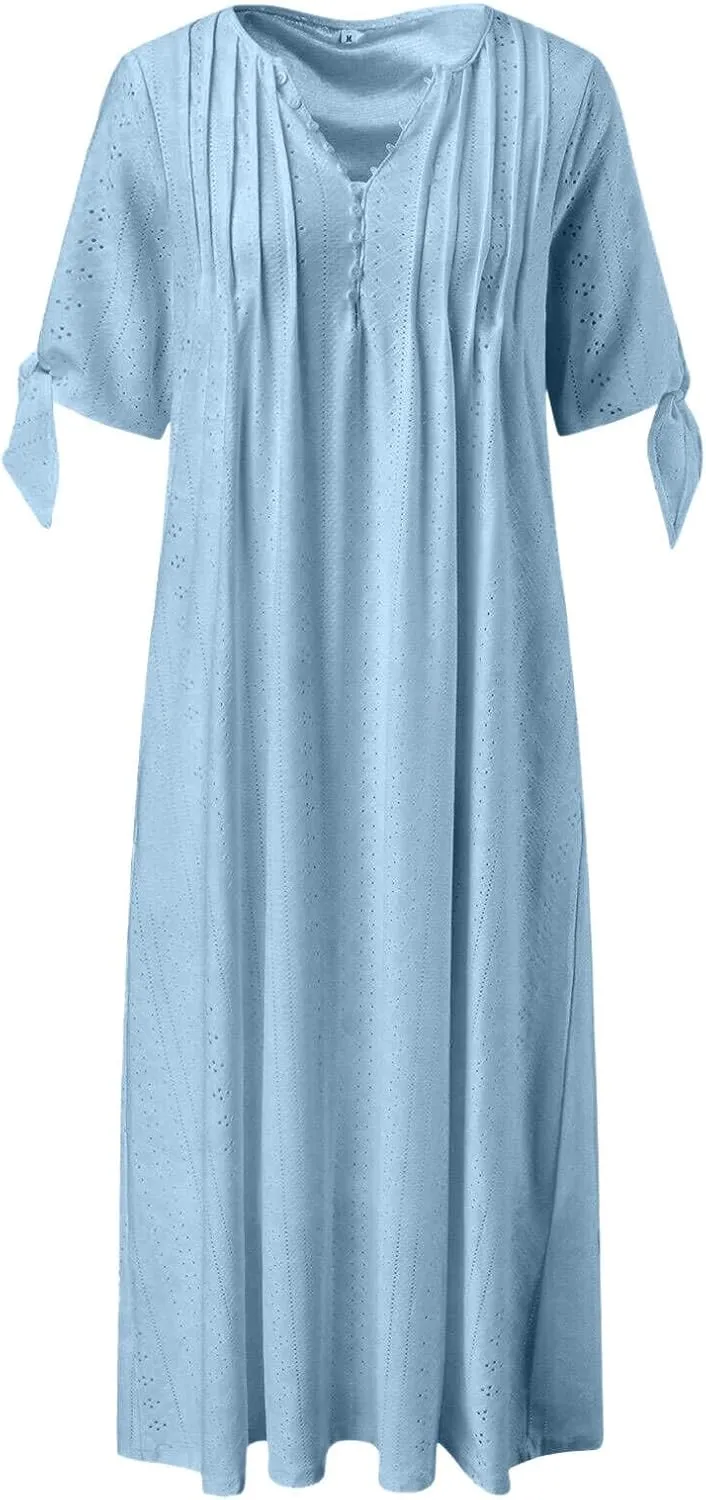 ZYXTIM Womens Eyelet Dress V Neck Short Sleeve Hollow Out Summer Beach Vacation Dresses Swing A Line Vintage Long Dresses